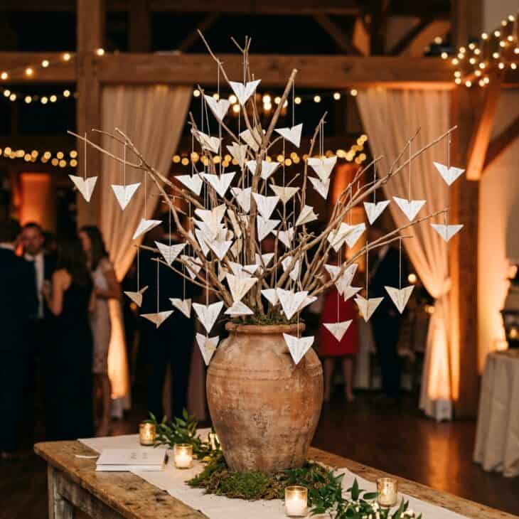 Folded paper airplanes carrying guest wishes hang from a wishing tree.