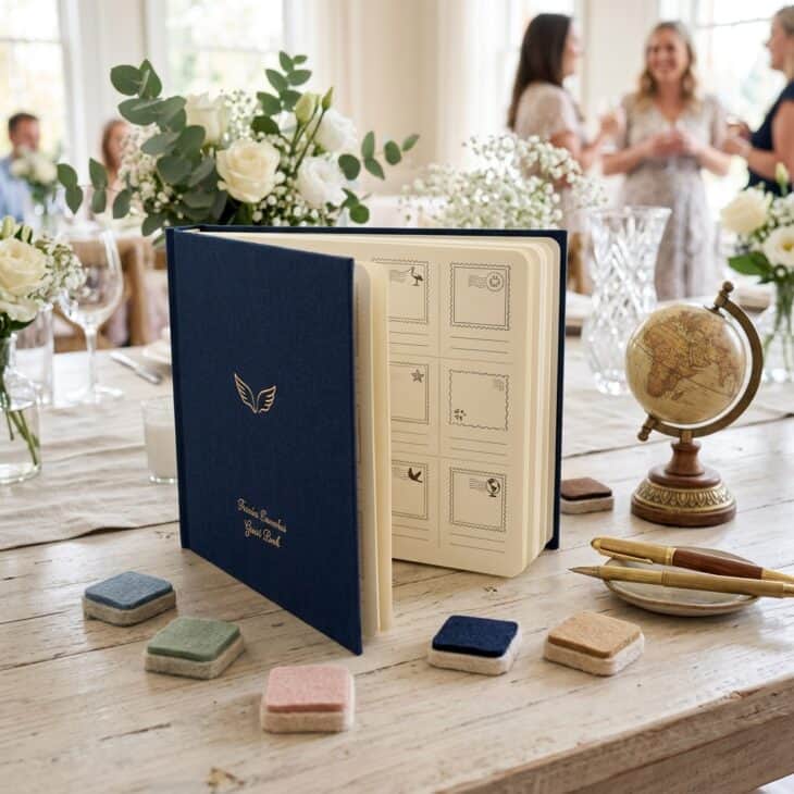A passport-inspired guest book collects names, wishes, and playful stamps.