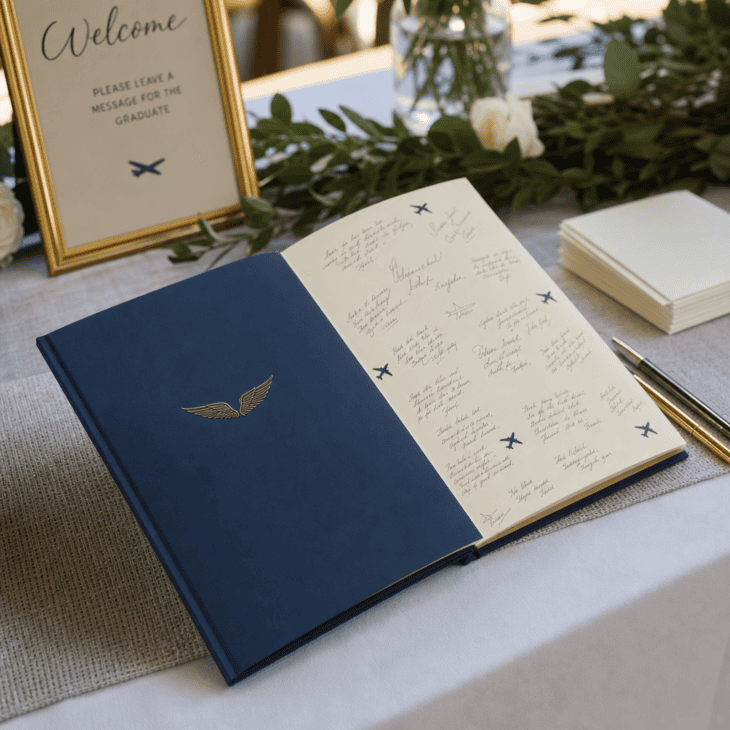 A passport-style guest book collects messages in a compact keepsake.
