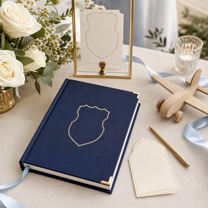 A passport-inspired guest book collects advice for the couple's next chapter.