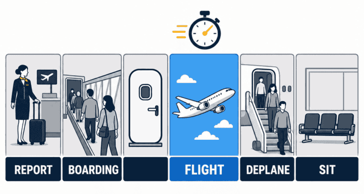 Flat vector diagram of a flight attendant duty day showing report, boarding, flight, deplane and sit segments, with only the flight segment marked as paid
