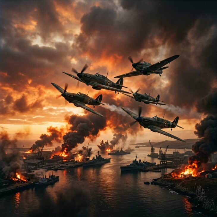 Squadron of vintage fighter aircraft climbing into a smoke-filled dawn sky above a harbor