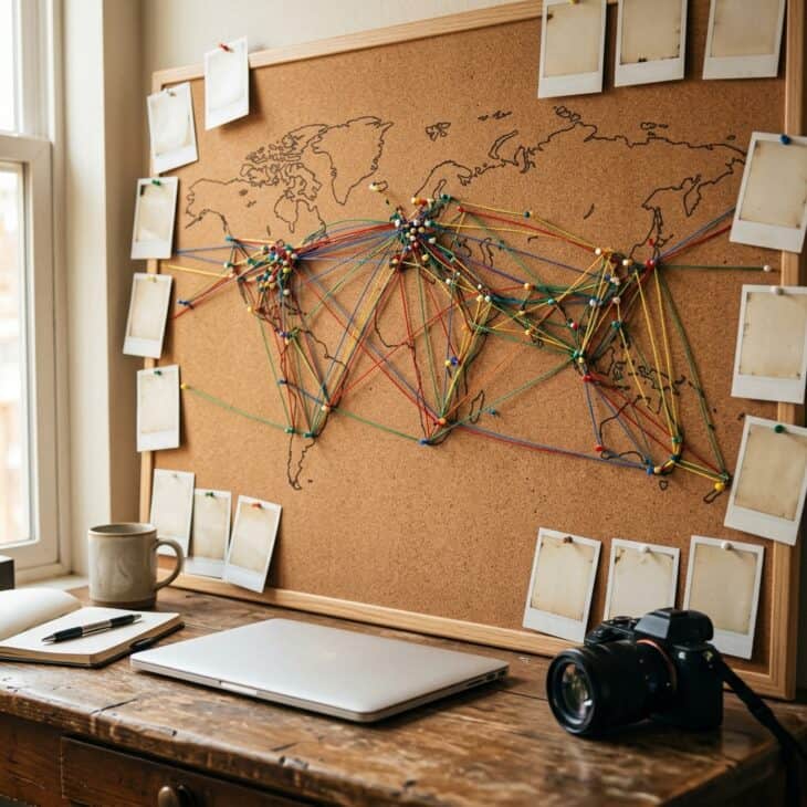 Pins and thread turn past flights and future ambitions into a personal route map.