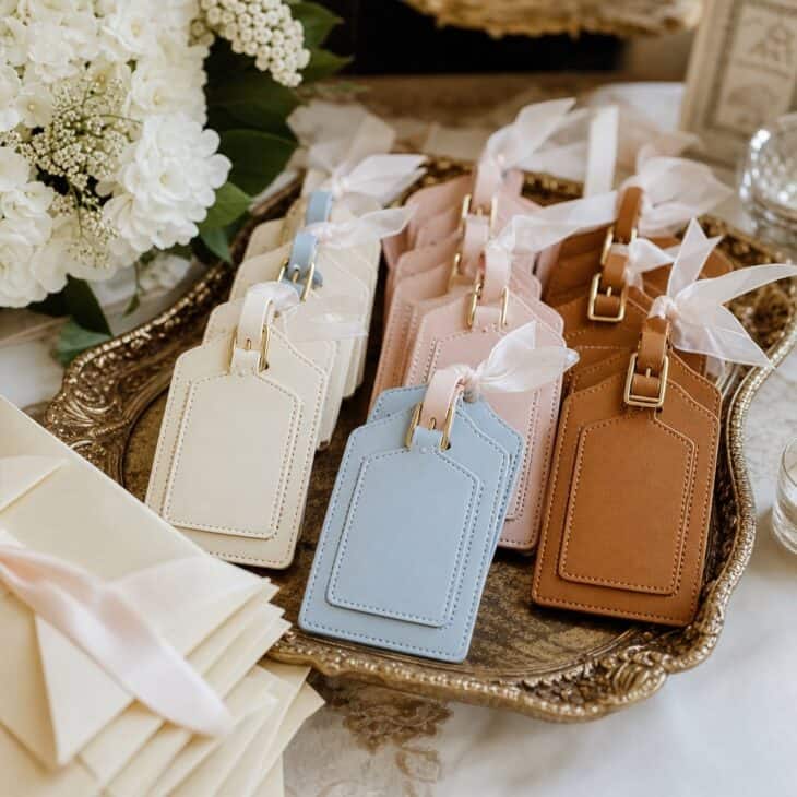 Coordinated luggage tags are useful favors guests can take on future trips.