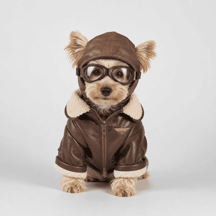 A small dog in a miniature aviator jacket, flying cap, and goggles.