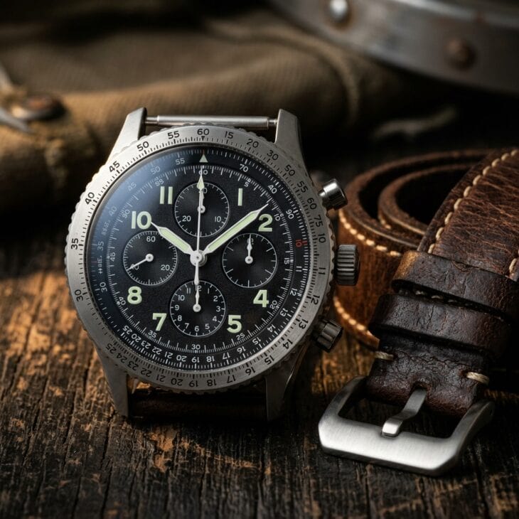 A slide-rule bezel makes this watch a working backup for approach and holding math.