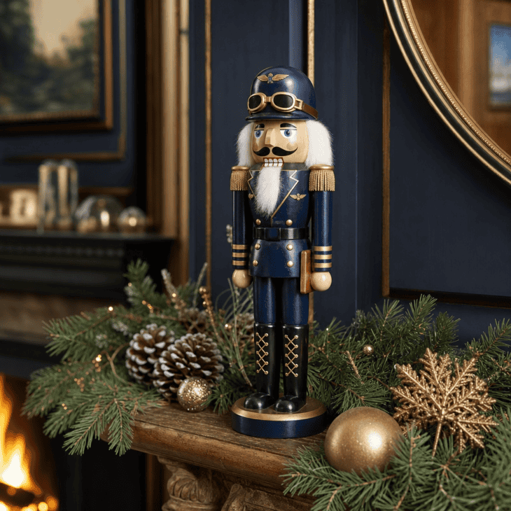 A pilot-uniformed nutcracker stands guard on a garland-draped mantel.