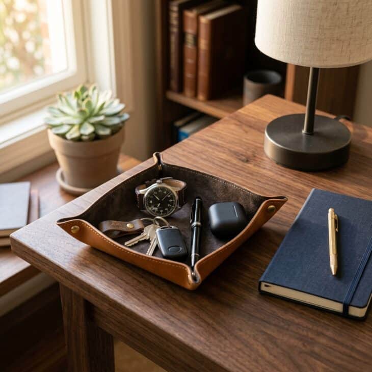 A small valet tray gives everyday carry items a consistent preflight-style home.