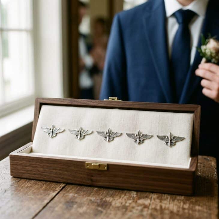 Silver pilot wing pins wait to be attached to the wedding party's lapels.