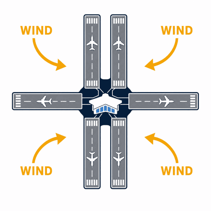 The pinwheel layout keeps a runway aligned into the wind no matter which way it turns.