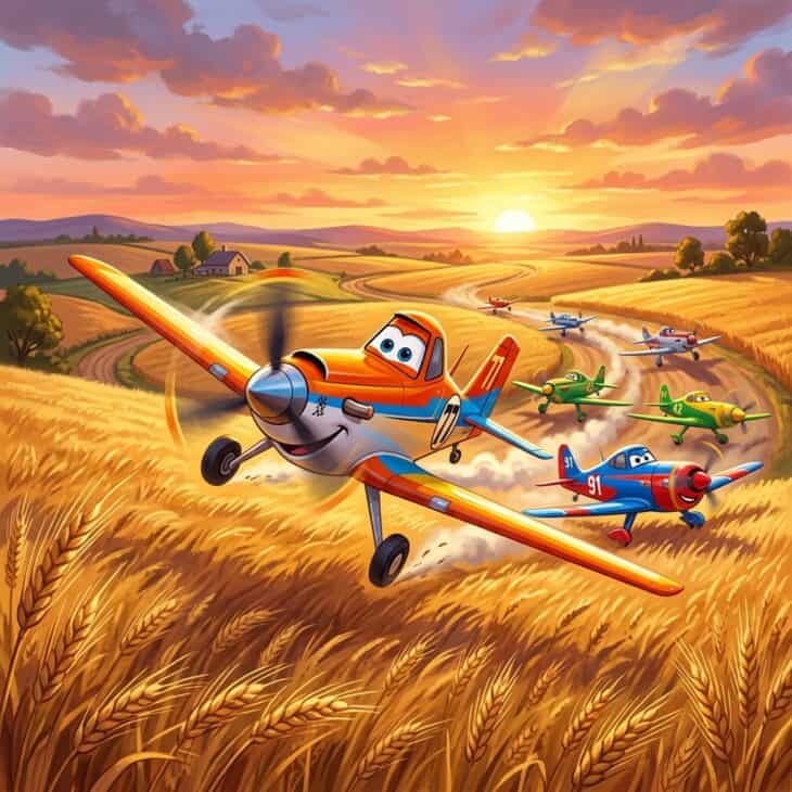Colorful crop-duster style aircraft racing low over golden wheat fields at sunset