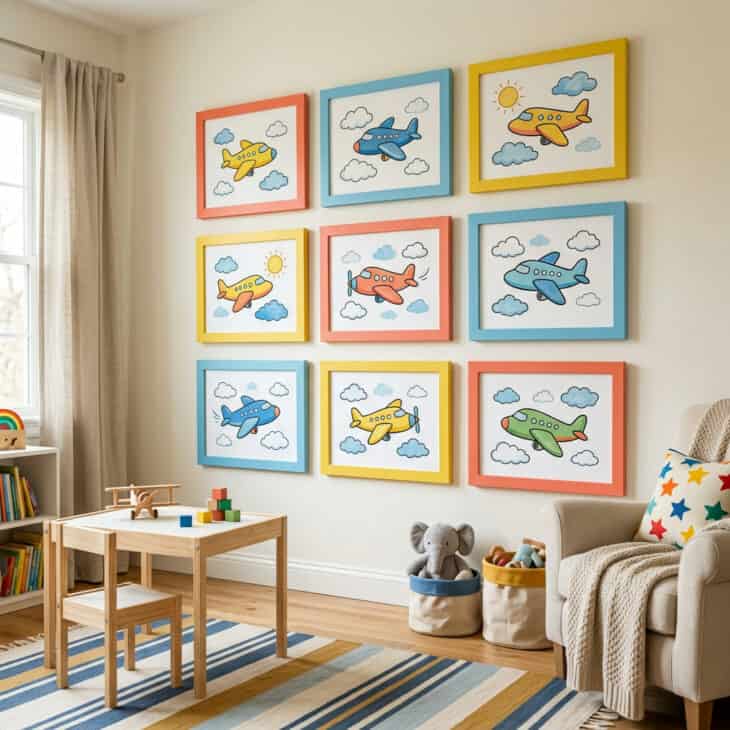 Bright cartoon airplane prints hung low give a playroom a cheerful, child-height gallery wall.