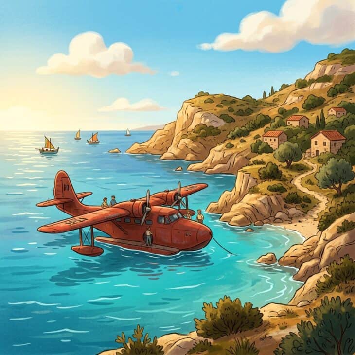 Red vintage seaplane floating on calm turquoise Adriatic water near a rocky coastline