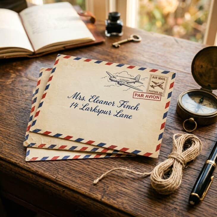 Airmail-striped postcards announce the date beside a vintage compass.