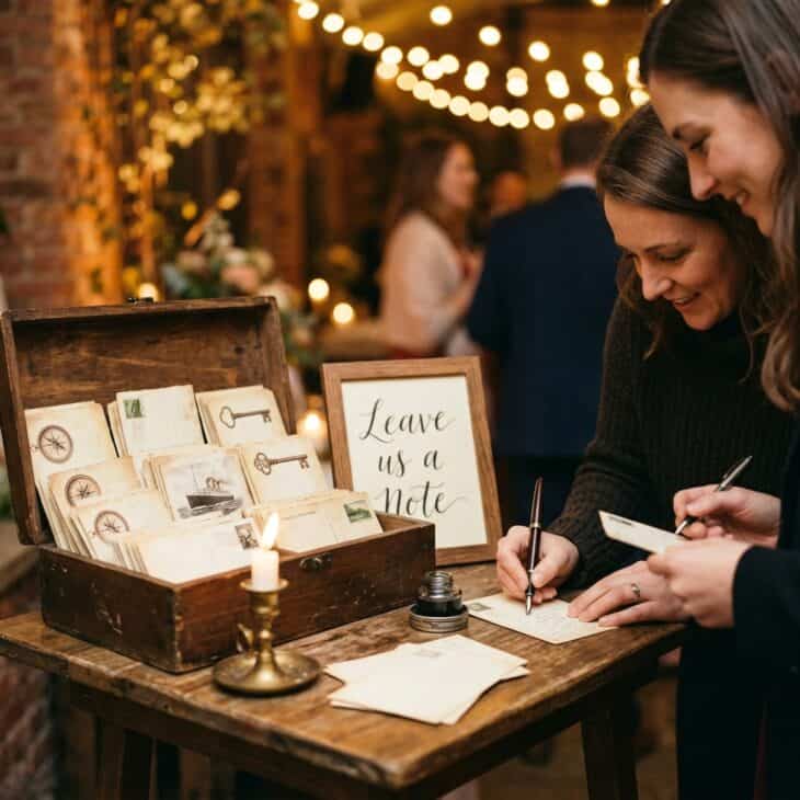 Guests leave notes on vintage-style postcards instead of a traditional guest book.