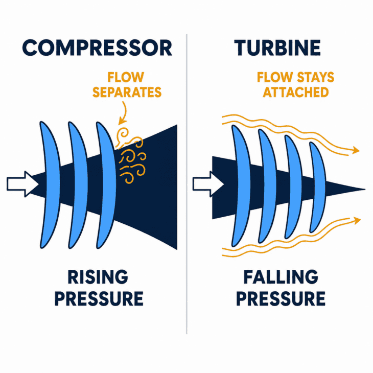 A compressor blade pushes air into rising pressure and risks stalling; a turbine blade works with falling pressure, which keeps the flow attached.
