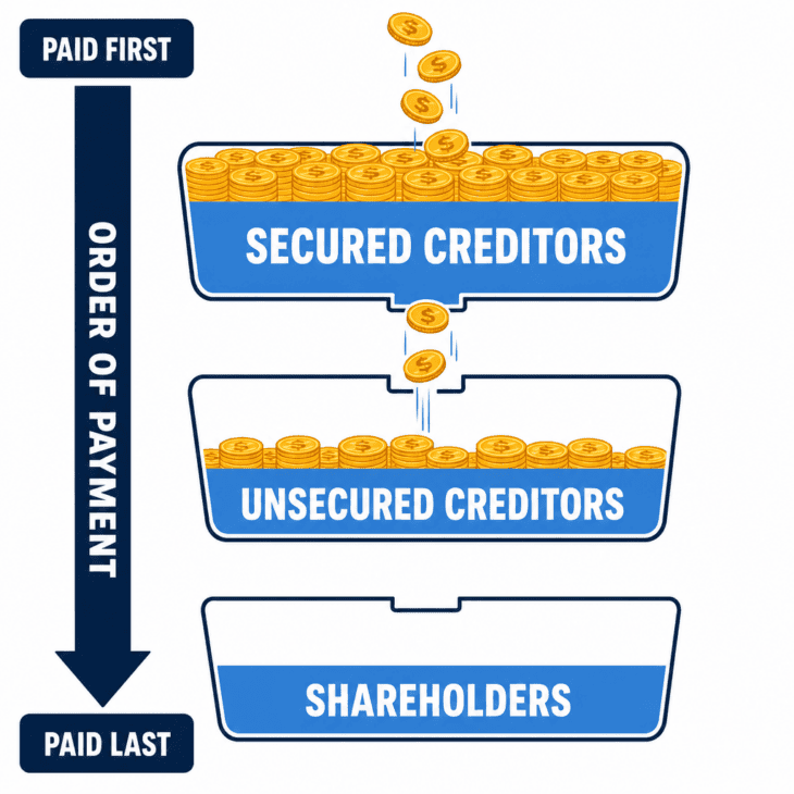 Shareholders are the residual owners, which means they are paid only after every creditor is made whole.