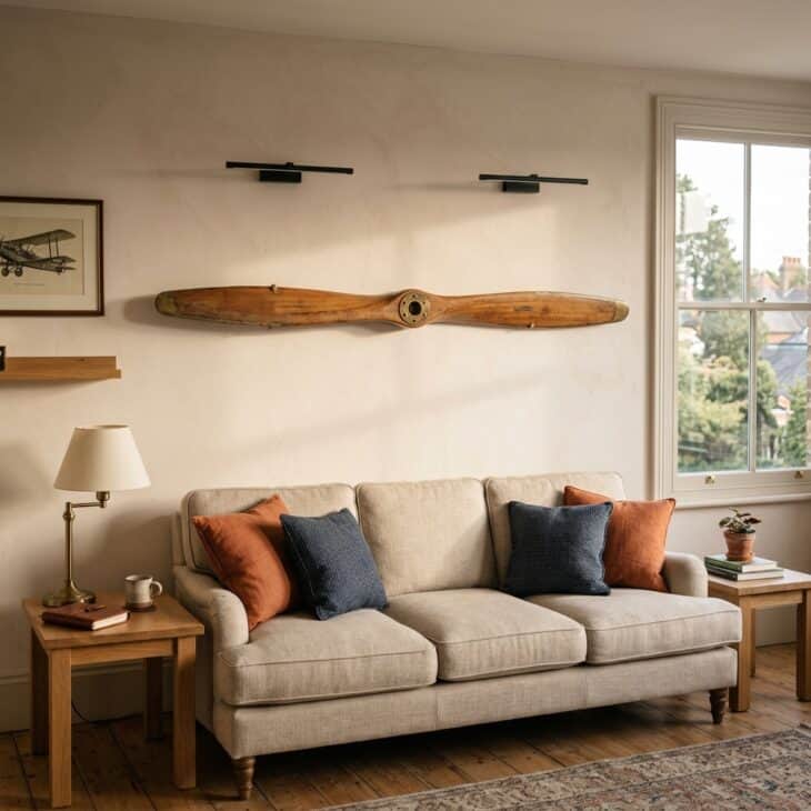 One well-scaled wooden propeller gives the sofa wall a clear aviation focal point.