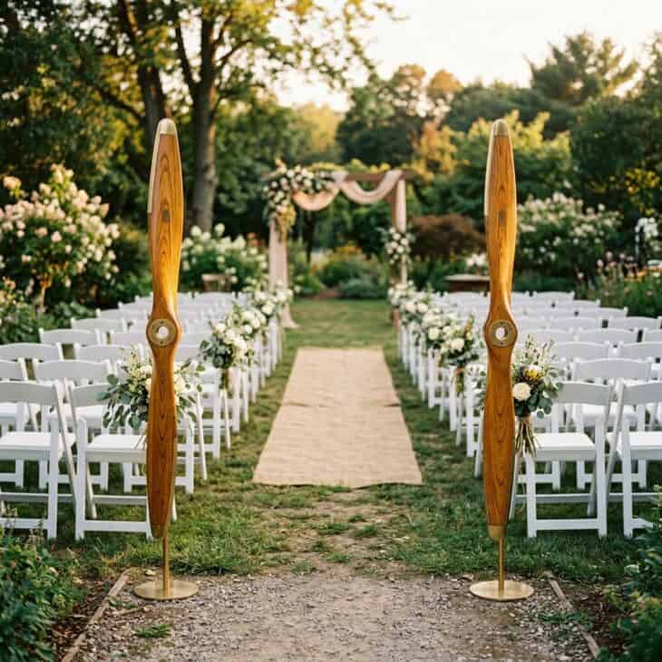 Restored wooden propellers frame the start of the ceremony aisle.