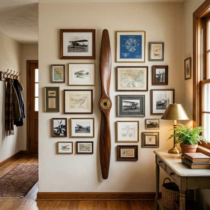A vertical wooden propeller anchors an asymmetrical cluster of smaller framed prints.