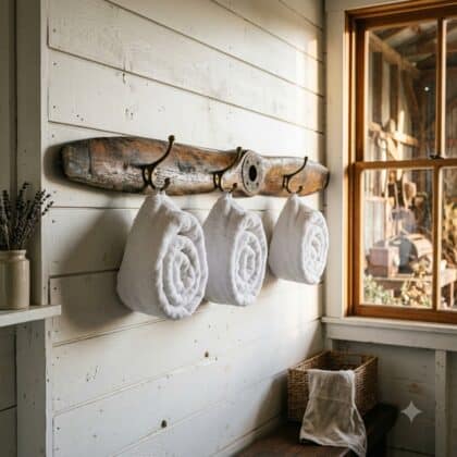 Weathered wooden propeller blade mounted as a towel rack with brass hooks and rolled white towels