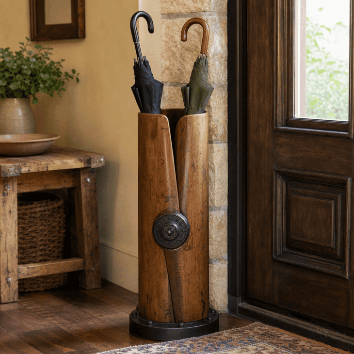 A propeller-blade stand holds umbrellas ready by the front door.