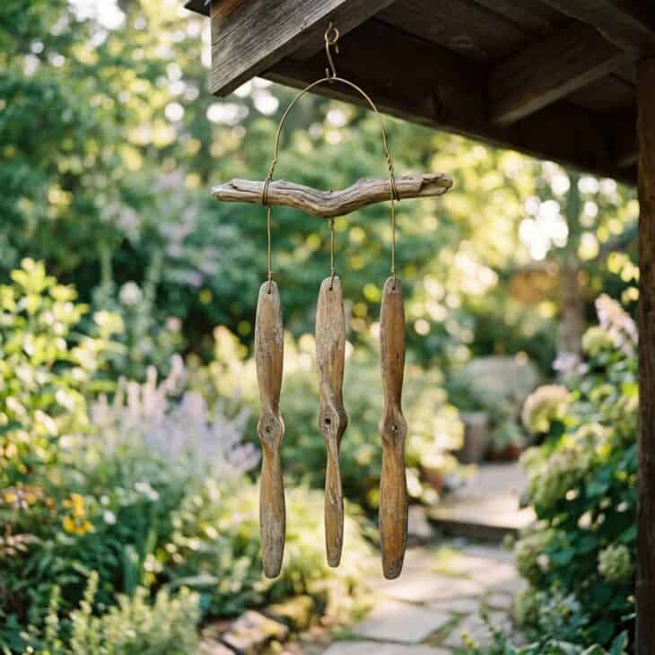Weathered propeller-blade wind chimes hang from the porch eave.