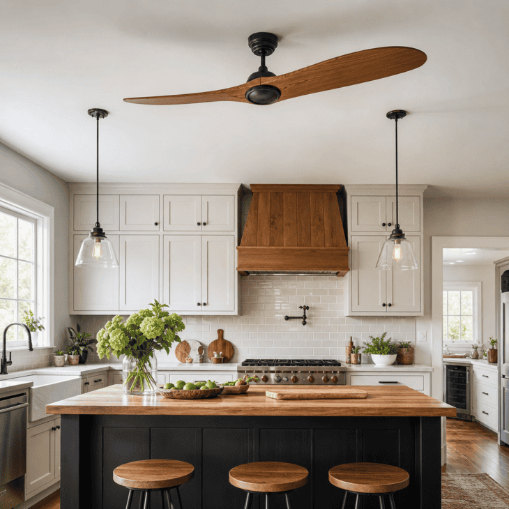 A propeller-blade ceiling fan turns slowly above the kitchen island.