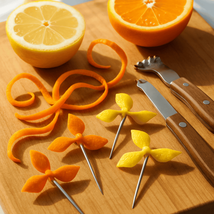 Three folded peel segments on a pick make a simple propeller garnish.