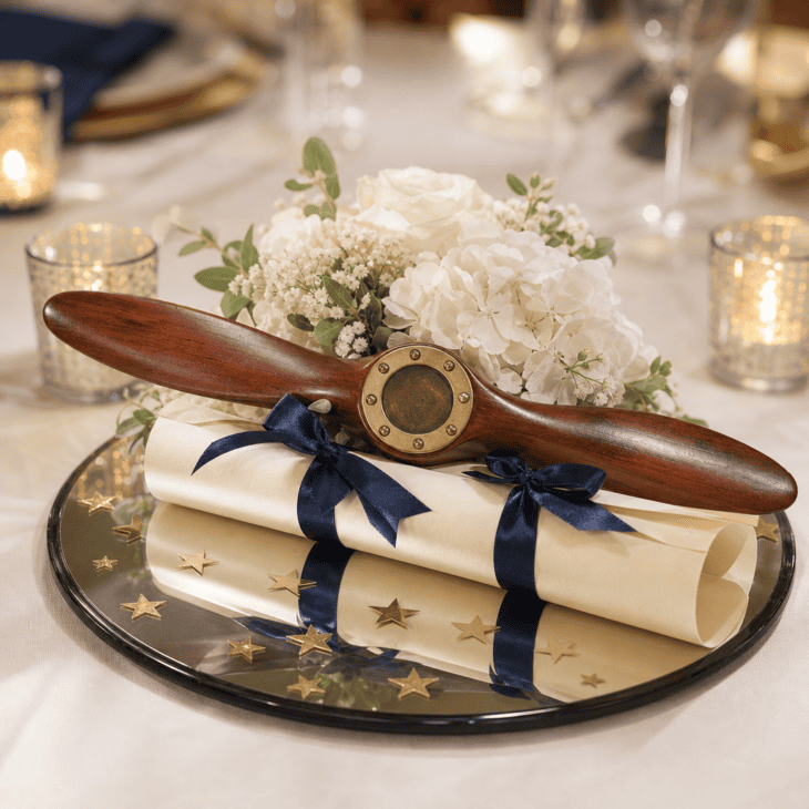 Propellers and rolled diplomas combine the two sides of the celebration.