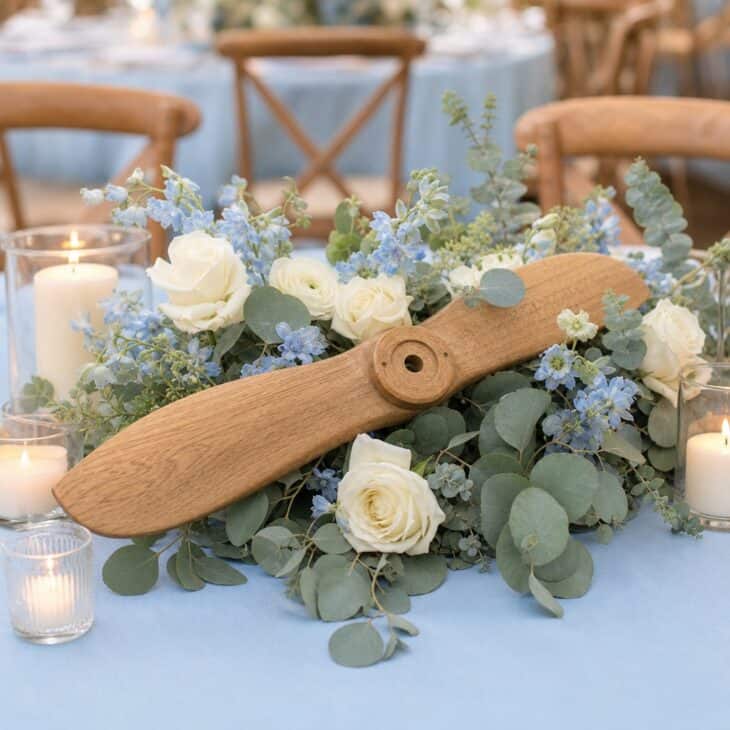A small wooden propeller gives low florals an unmistakable aviation detail.