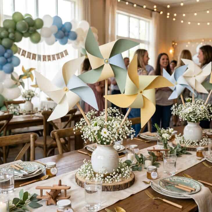 Paper propeller pinwheels add movement without crowding the tables.