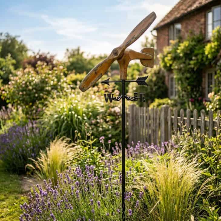 A propeller weather vane turns gently above a border of lavender and ornamental grasses.