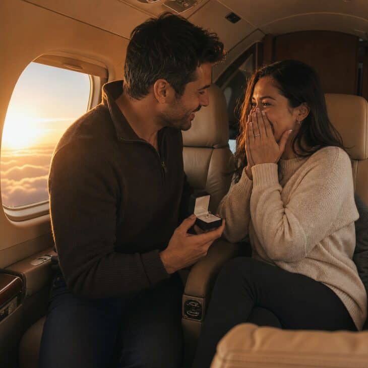 Man presenting a ring in a small aircraft cabin as his partner covers her mouth in surprise at sunset