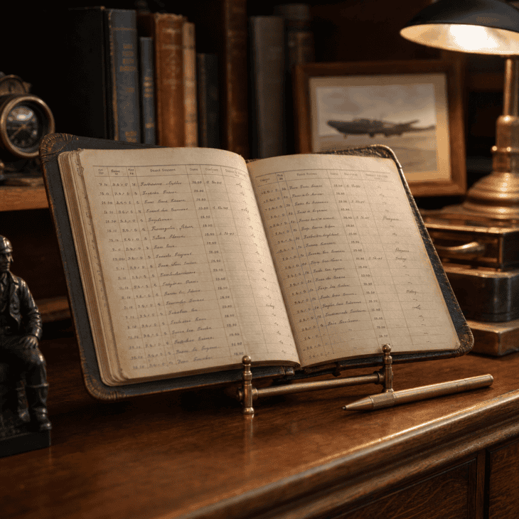 A propped-open logbook keeps years of real flying visible on the shelf.