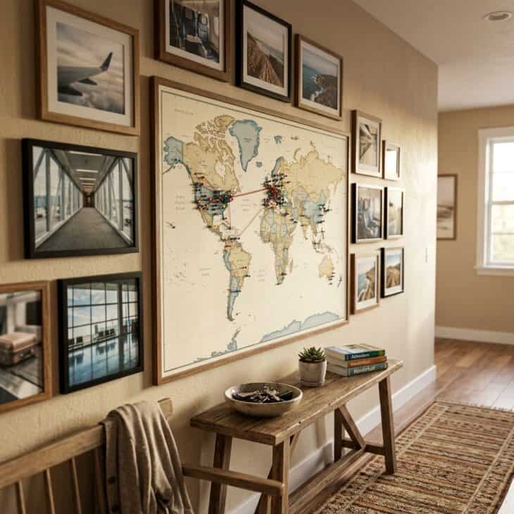 A push-pin travel map surrounded by trip photos turns a hallway into a family flight log.