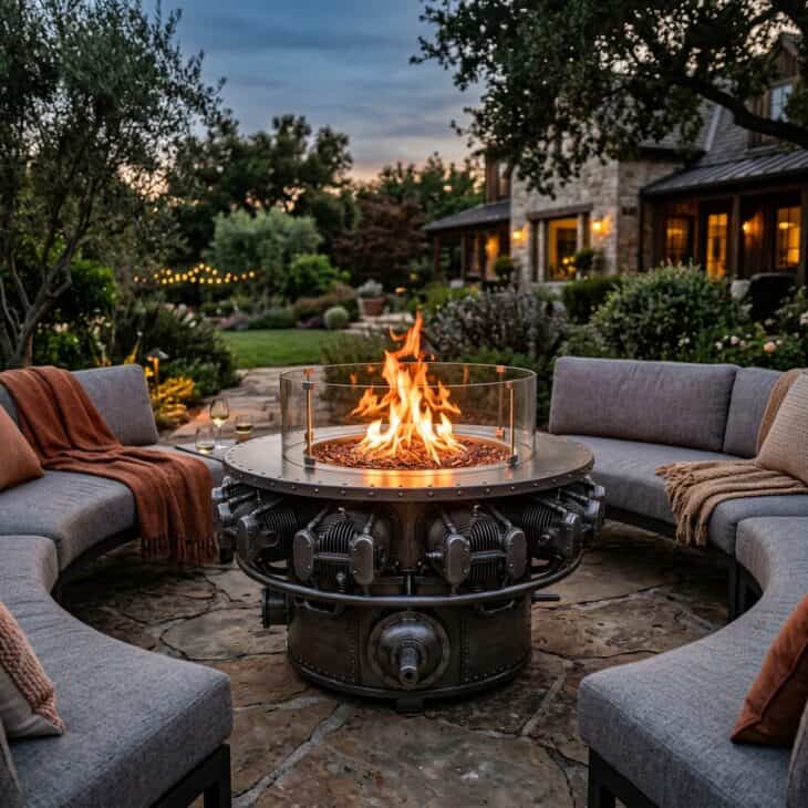 A radial engine-inspired fire pit table glows at the center of the evening seating group.
