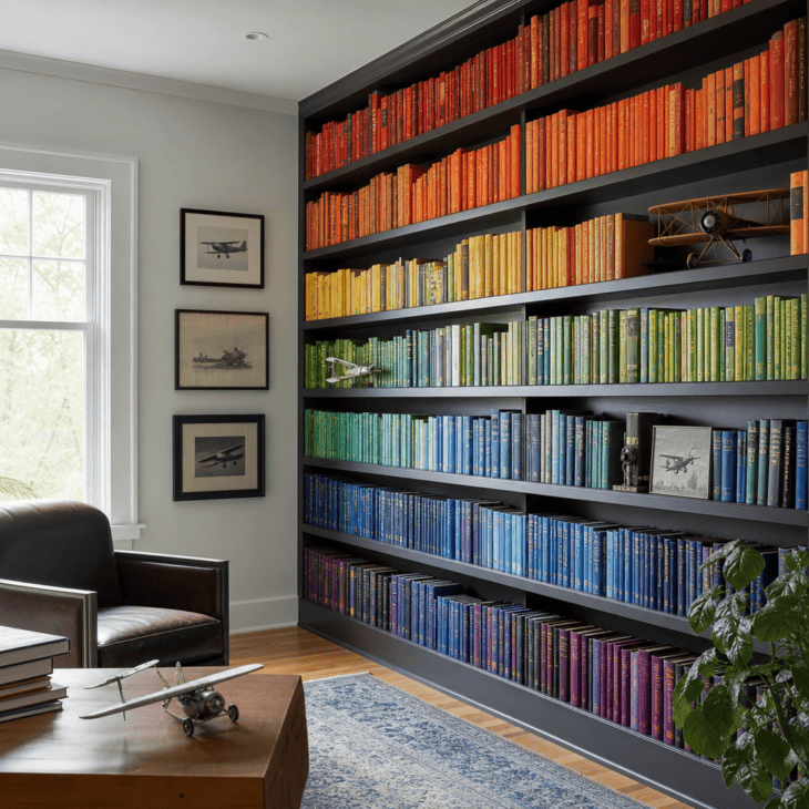Sorting spines by color turns a mixed collection into one visual gradient.