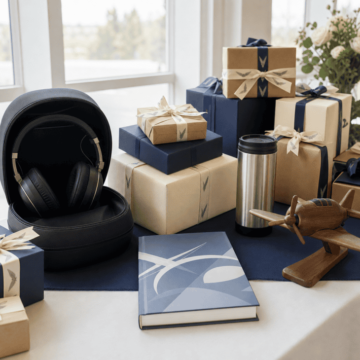 A themed gift table can highlight practical tools for the graduate's next step.