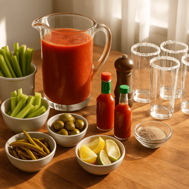 A garnish spread lets each guest build a bloody mary to their own spice level.