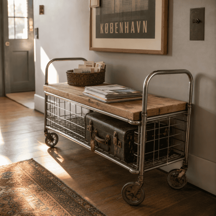 A retired luggage cart does new duty as a low entry table.