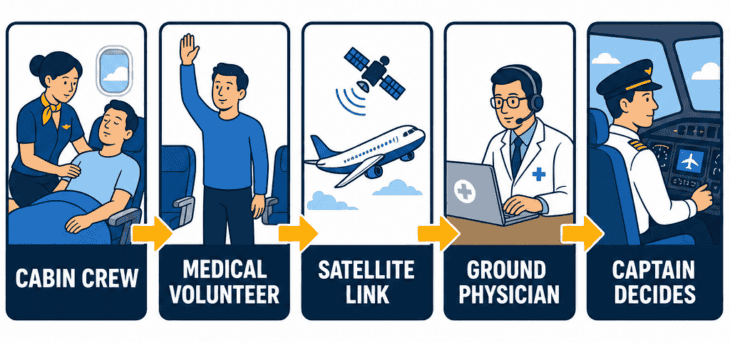 Diagram of the in-flight medical response chain from cabin crew to medical volunteer to satellite link to ground physician to captain