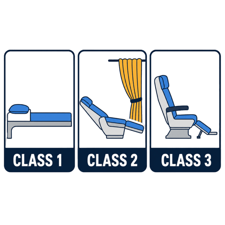 US rules sort crew rest into three classes, from a private flat bunk down to a reclining seat.