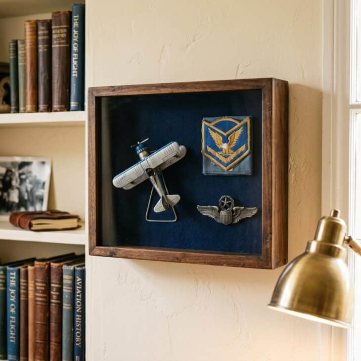 A shadow box gives small career keepsakes a proper home instead of a drawer.
