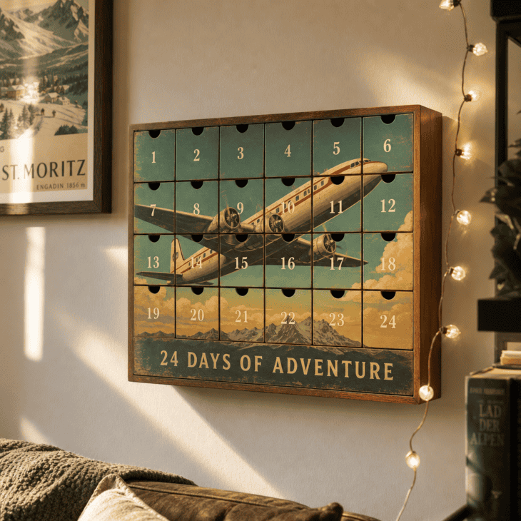 A retro-poster advent calendar hides a small treat behind each of 24 drawers.