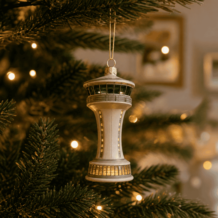 A stylized control tower ornament with tiny lit windows adds a mid-century touch.