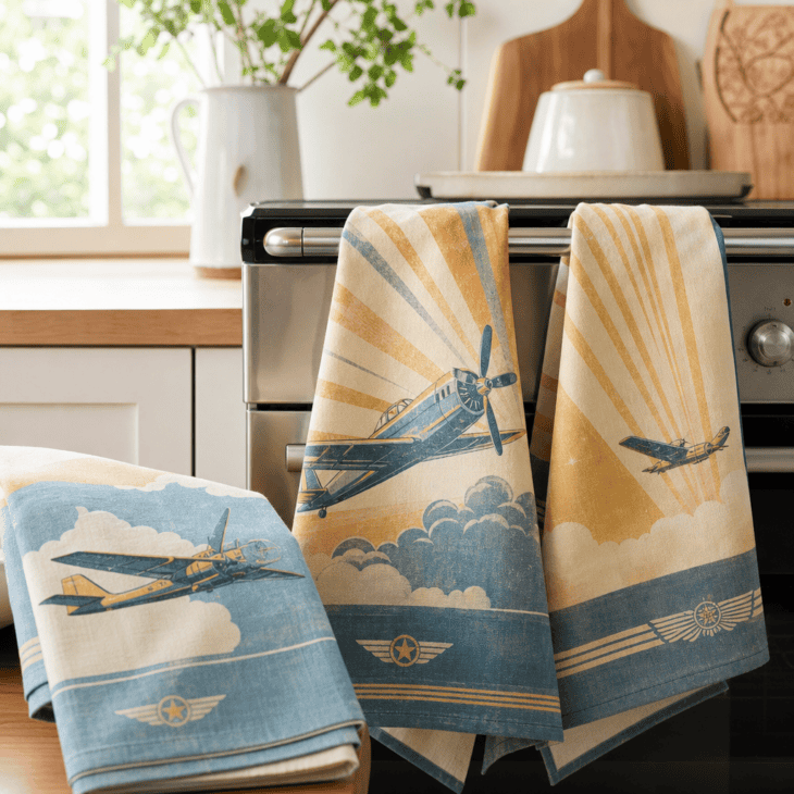A set of retro travel poster tea towels drapes over the oven handle.