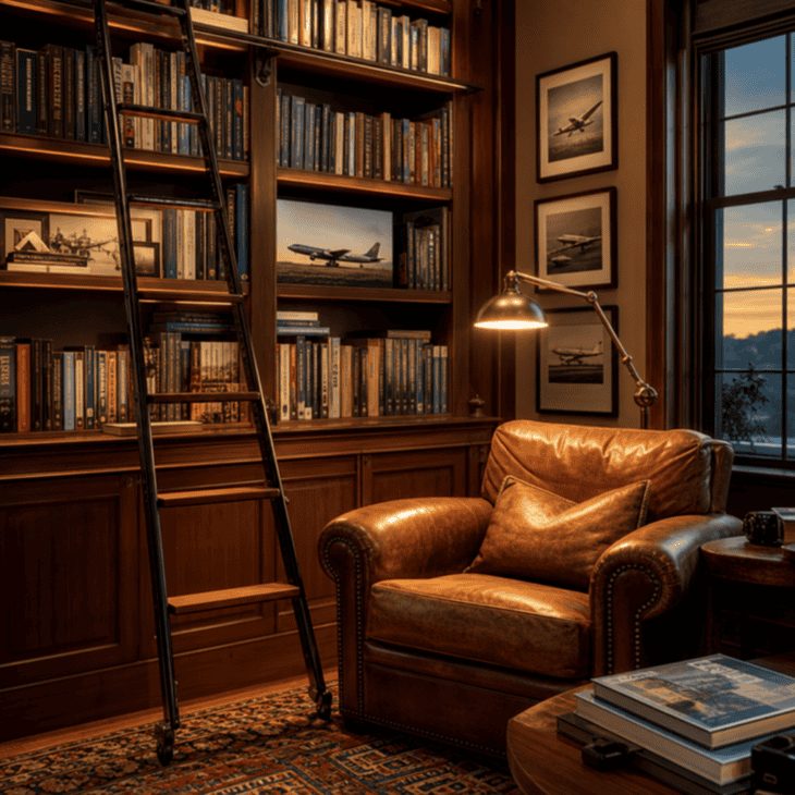 A ladder and an armchair turn a bookcase corner into a place to actually sit.
