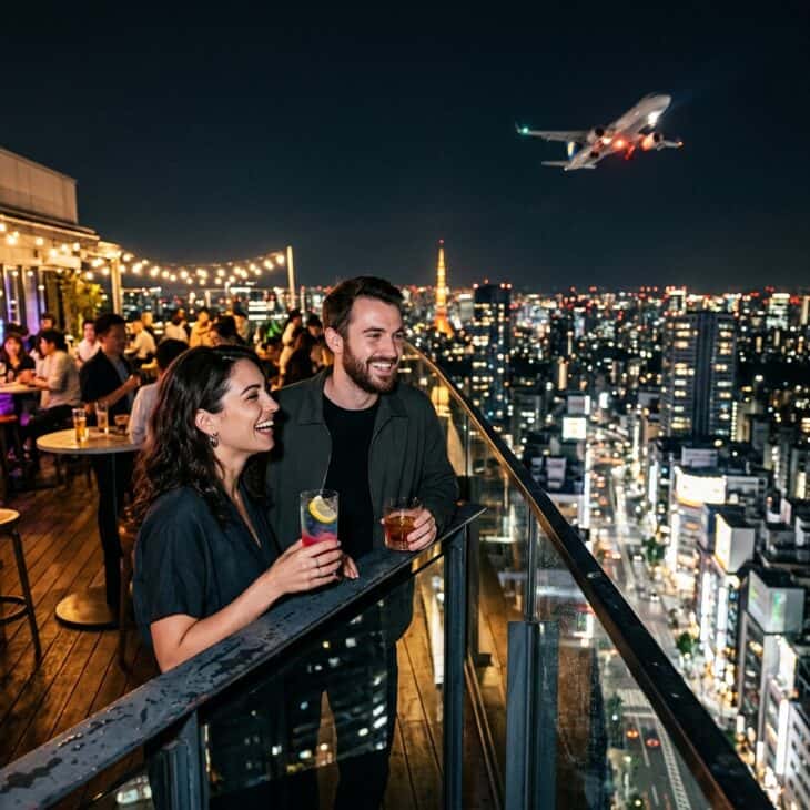 A rooftop bar near the departure path pairs a night out with a steady stream of climbing traffic.