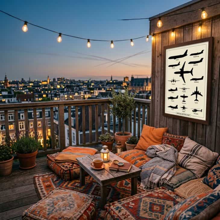 A framed spotting chart and low cushions turn the rooftop deck into an evening lookout.
